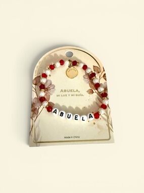 Abuela - Grandmother Red and White Beaded Bracelet with Faux Pearls